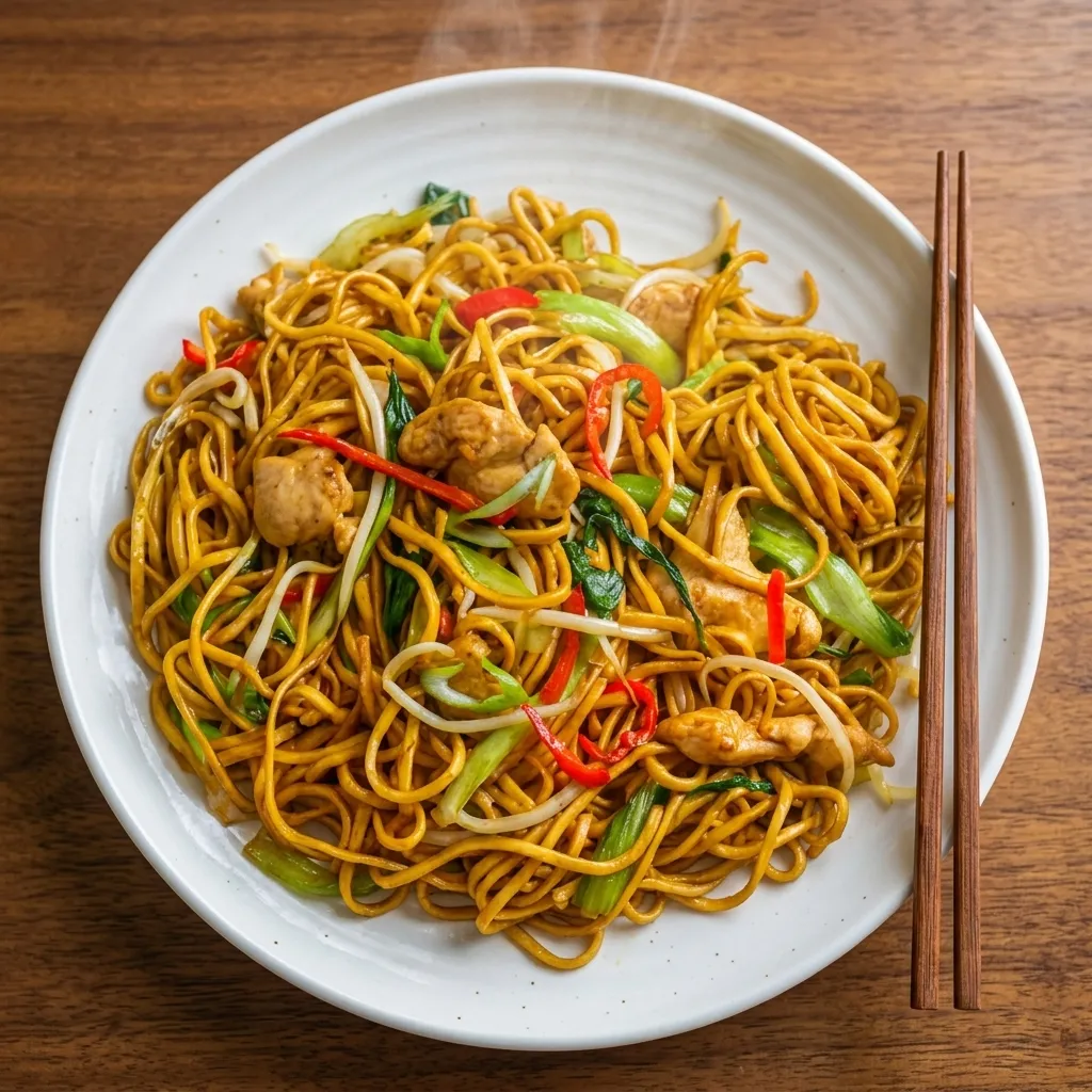 Chicken Hakka Chow Mein - wok-tossed Indo-Chinese noodles at Chilli Peppers, Edmonton